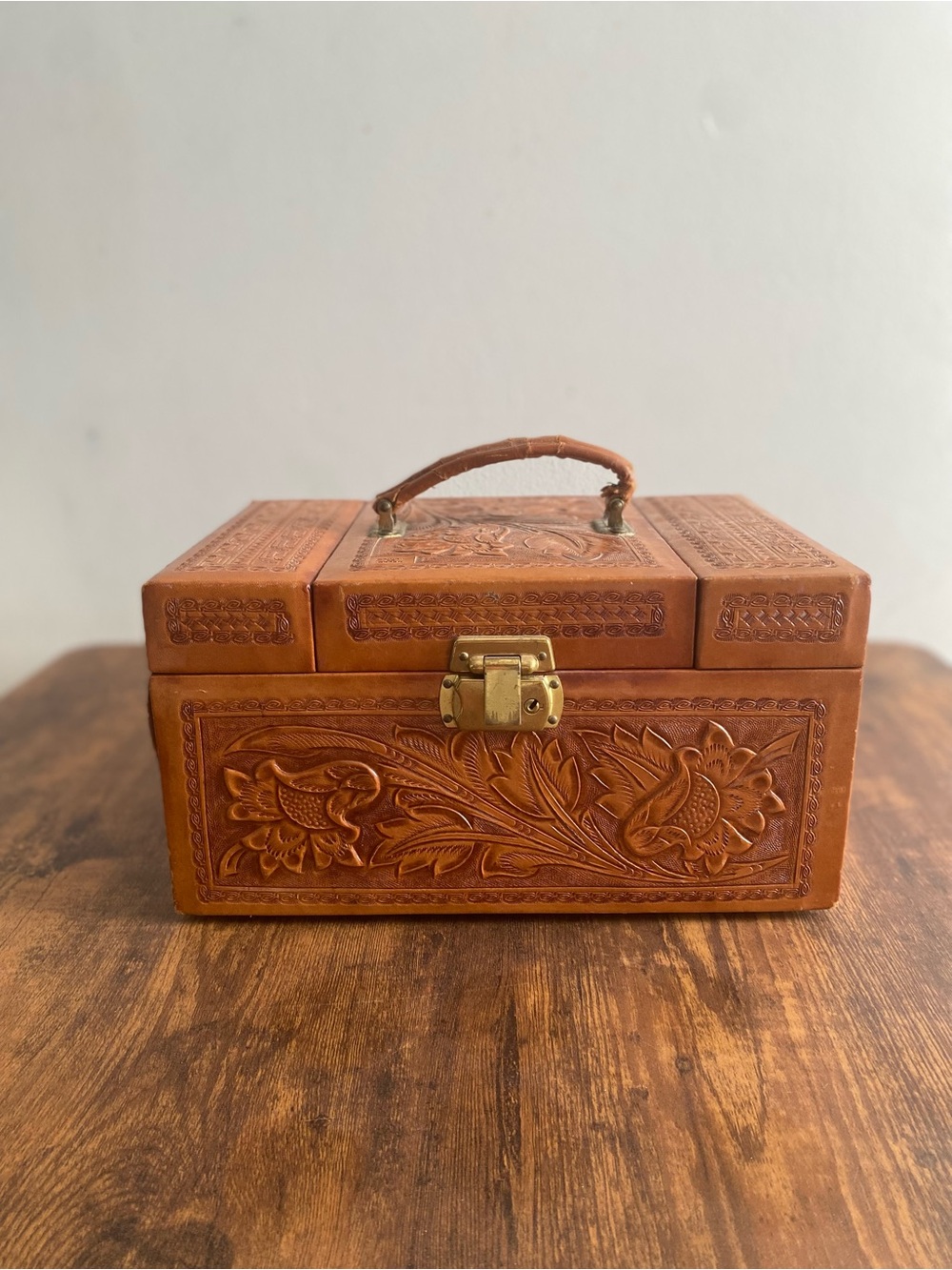 Vintage Hand-Tooled Brown Leather Jewelry Box